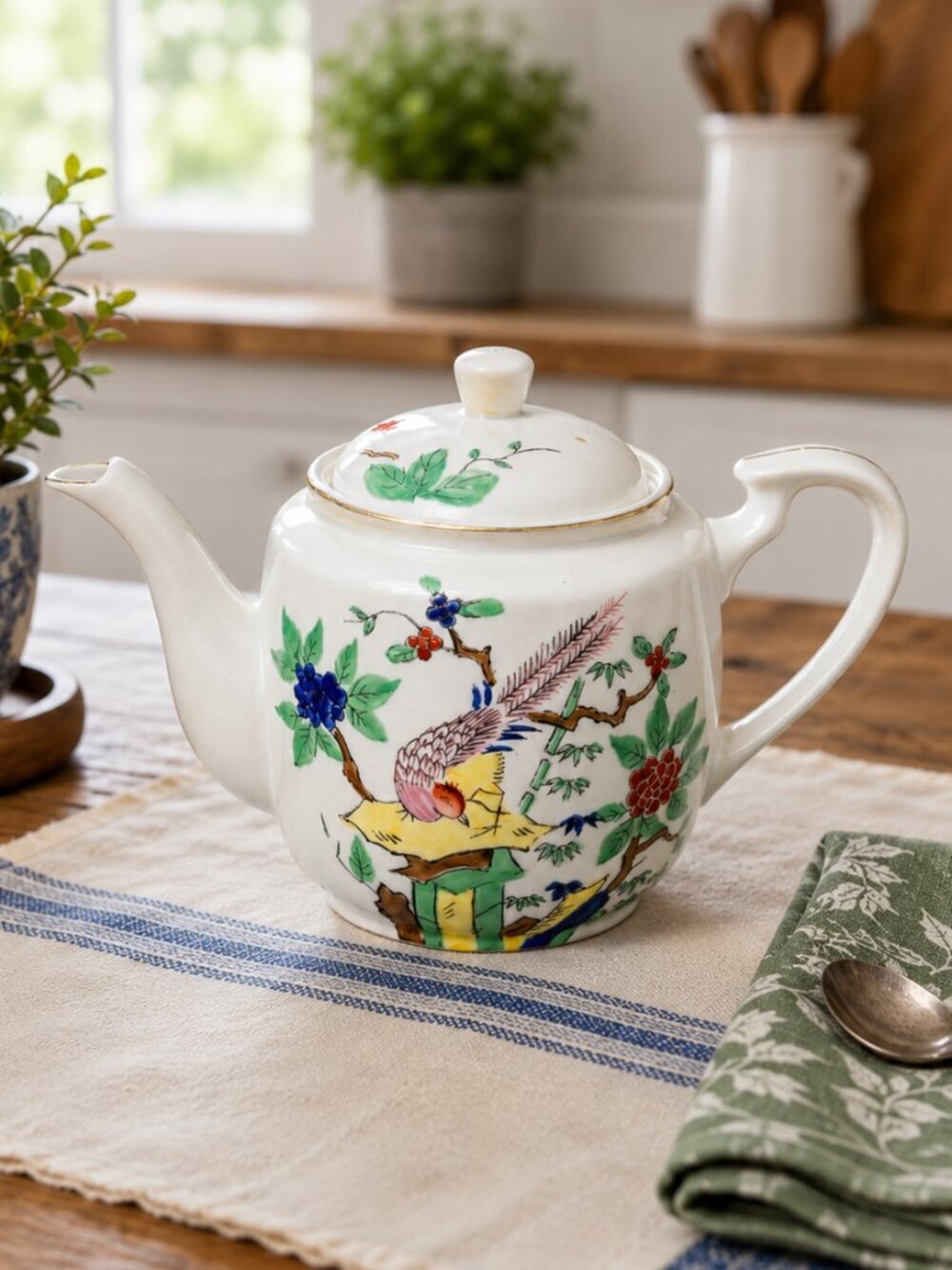 Vintage Floral Lowestoft Hand Painted Japan Teapot Bird Motif Gold TrimTea Pot